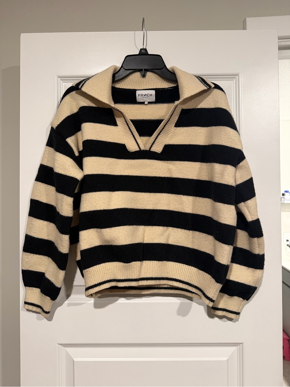 FRNCH Black and Cream Striped V-Neck Collared Sweater